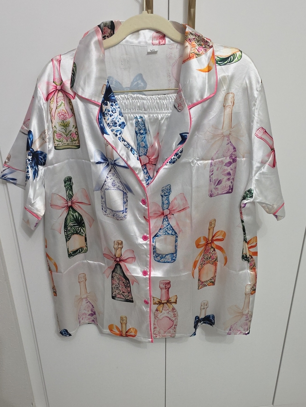 Satin White Sleep Set with Pink & Blue Champagne/Prosecco Print